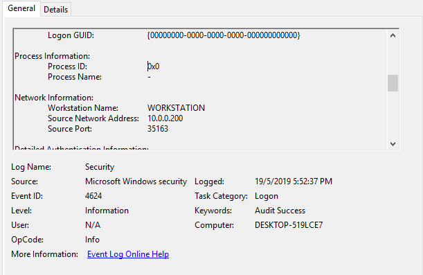 User logon on compromised credentials. Visible IP of the attacker.